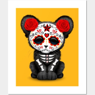 Red Day of the Dead Sugar Skull Panther Cub Posters and Art